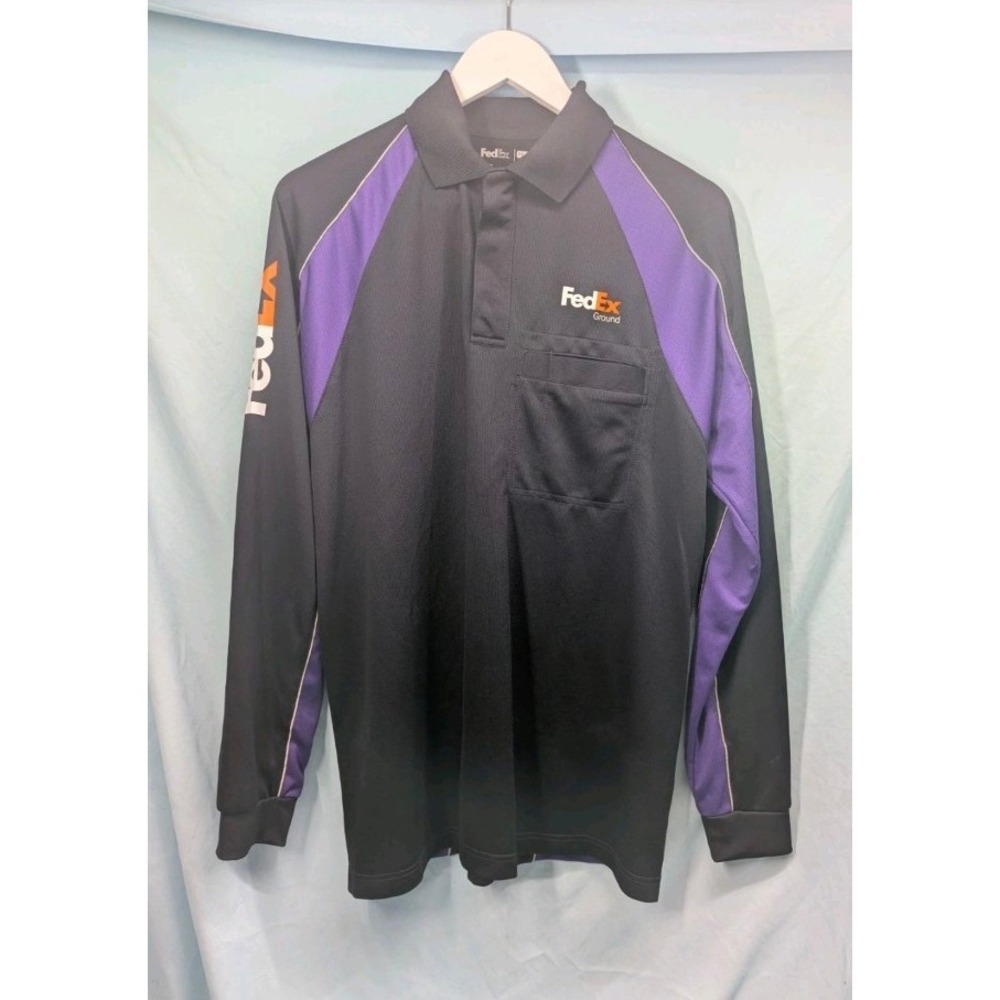 FedEx Ground Polo Shirt Mens Medium Black Purple Long Sleeve Workwear Uniform
